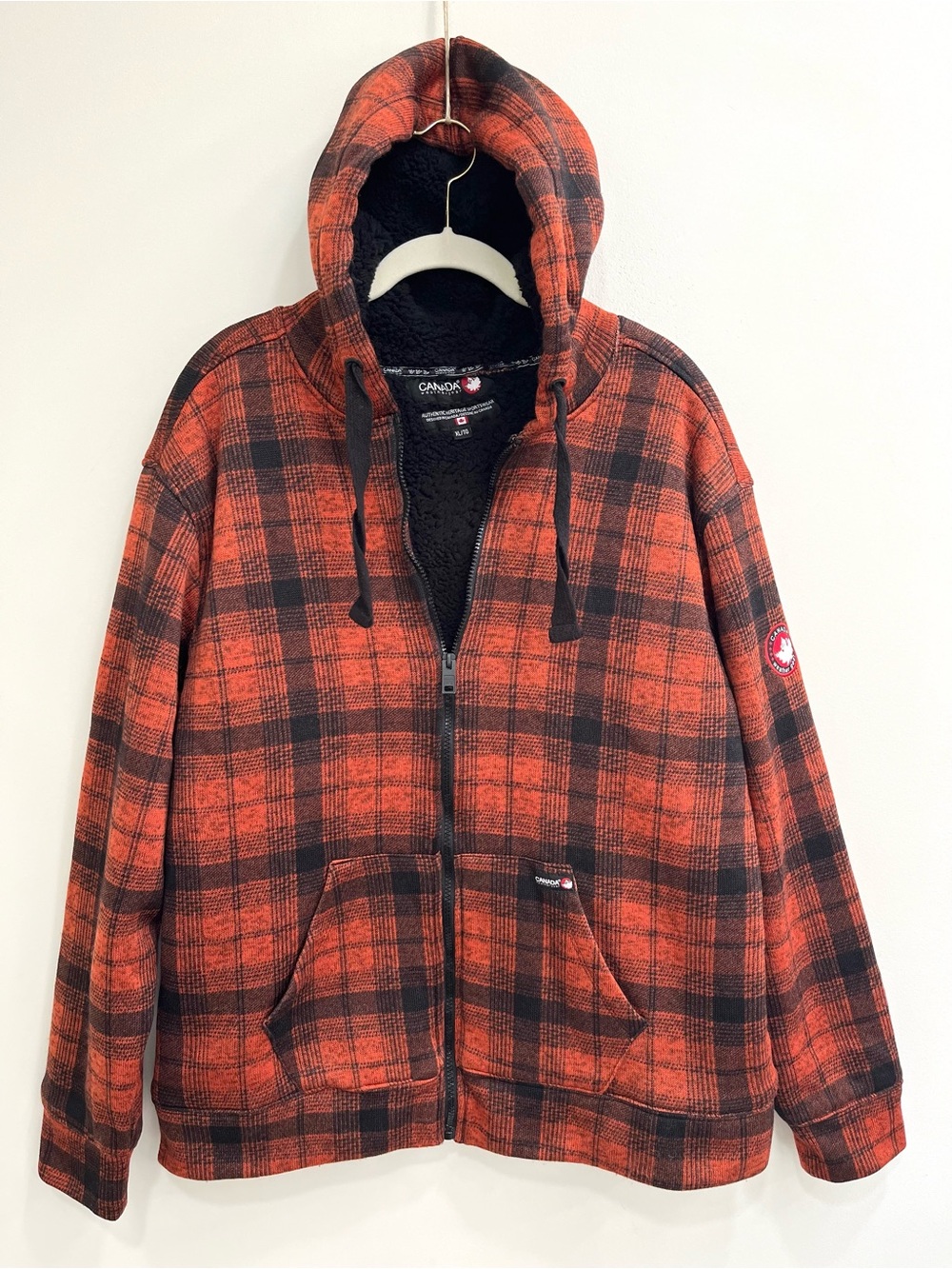 Canada Weather Gear Mens Plaid Flannel Sherpa Lined Hoodie Jacket Orange Black